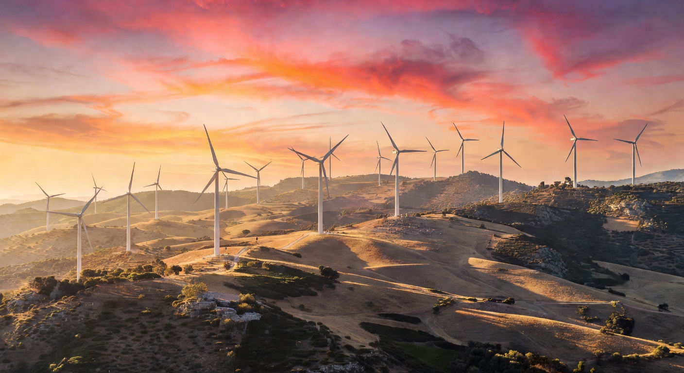 Parque eólico al atardecer en España